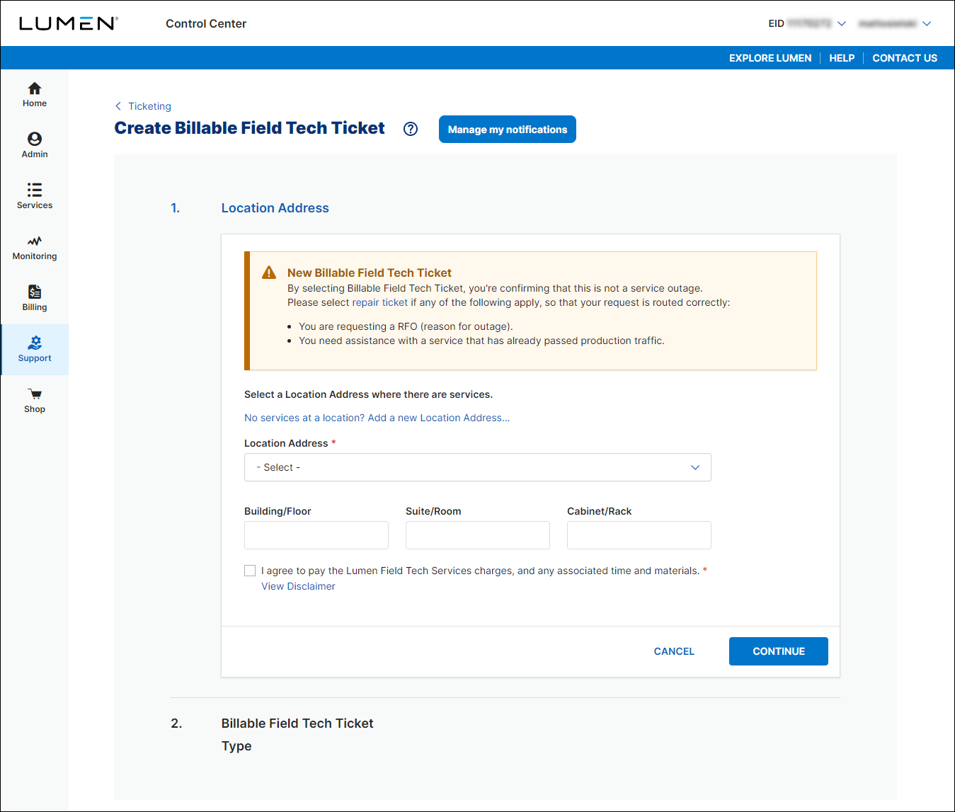 Create Billable Field Tech Ticket (showing Location section)