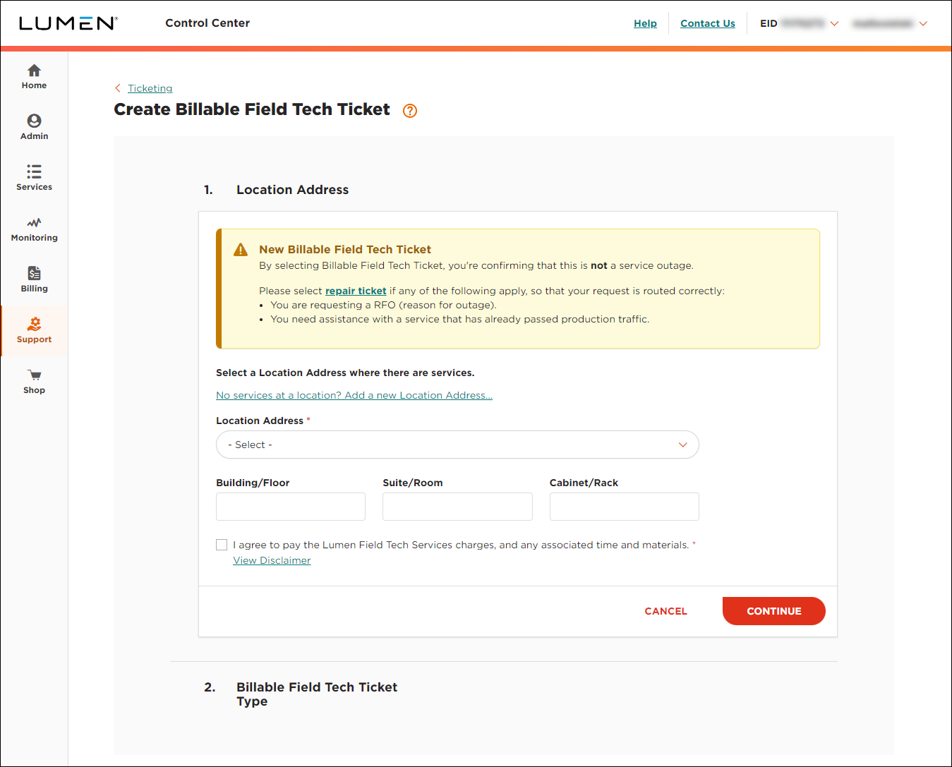 Create Billable Field Tech Ticket (showing Location section)