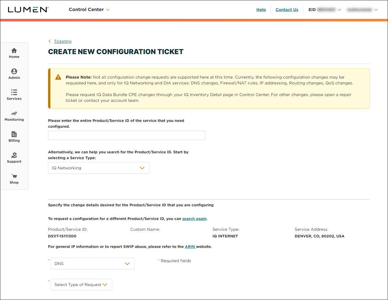 Create New Configuration Request (with DNS selected)