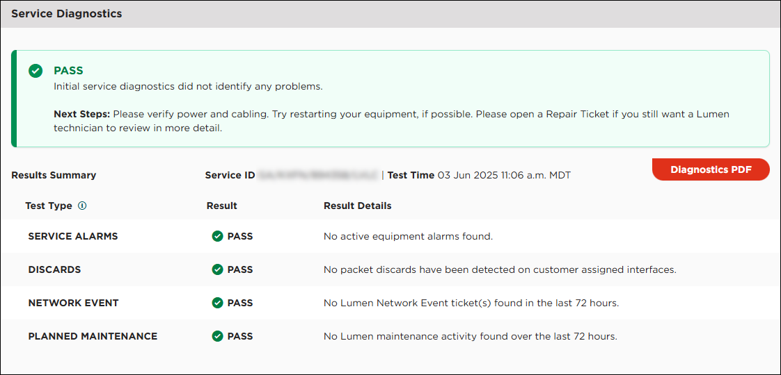 Diagnostic testing showing Pass results