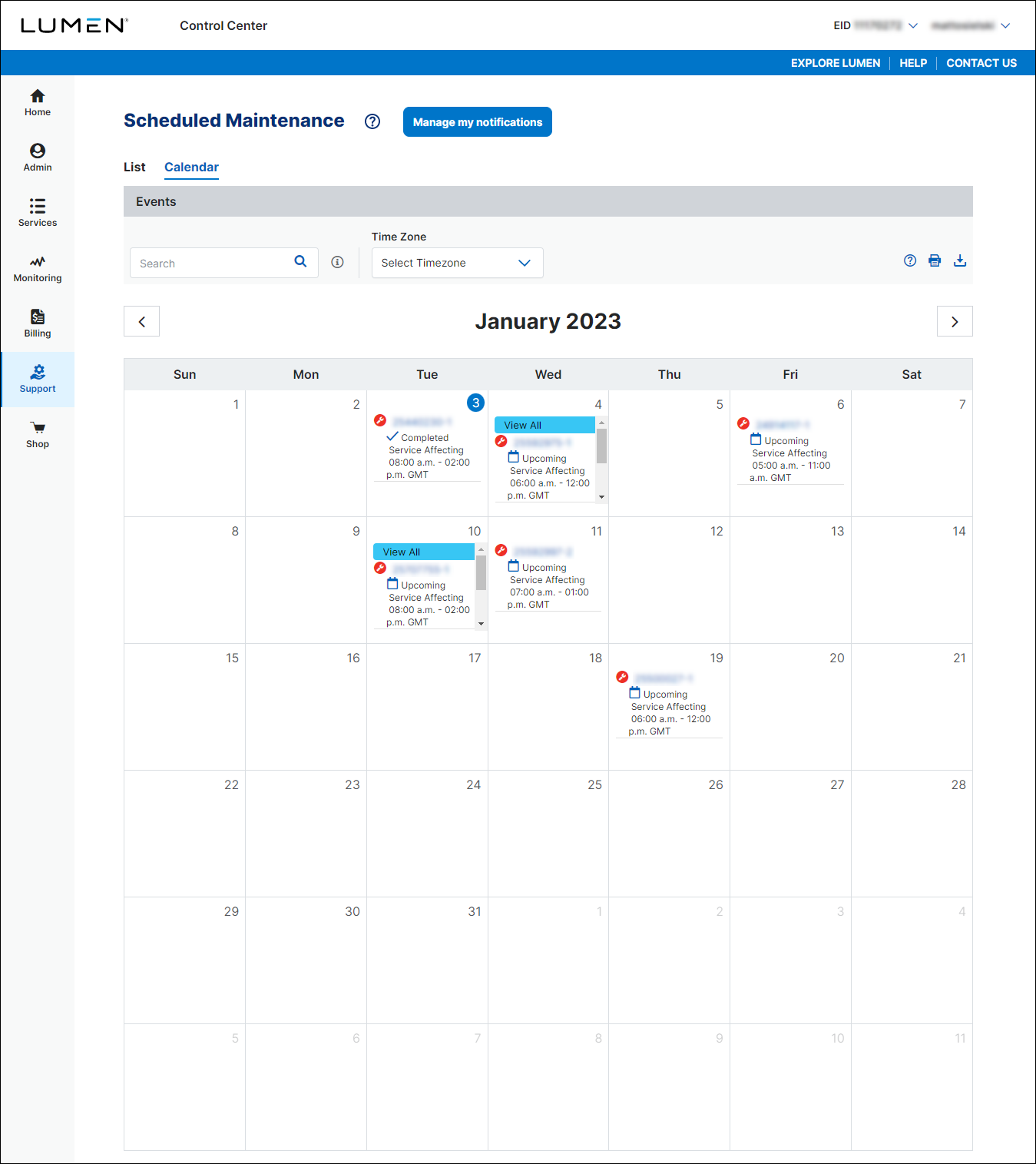 Scheduled Maintenance (showing calendar view)