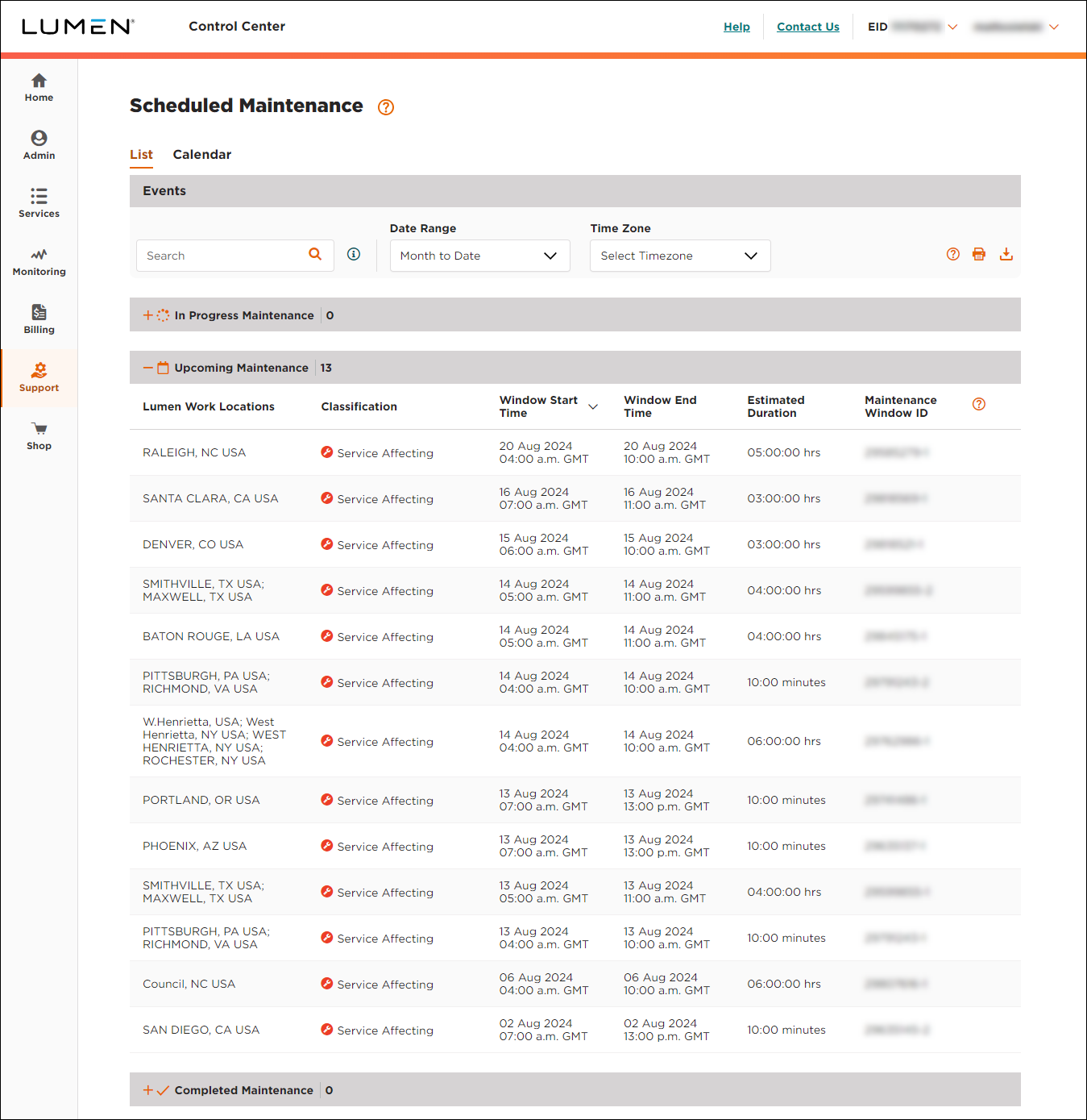 Scheduled Maintenance (showing List view)