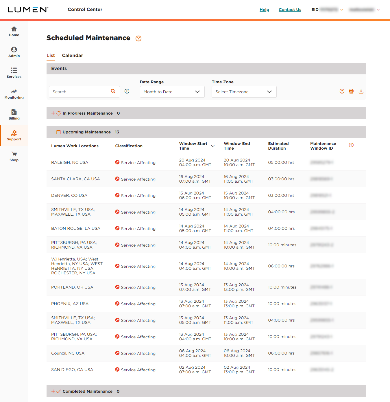 Scheduled Maintenance (showing list view)