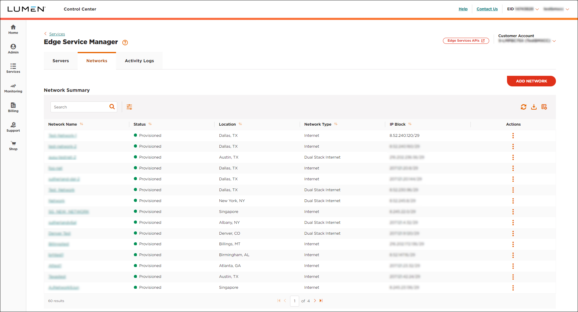 Edge Service Manager (showing Networks tab)