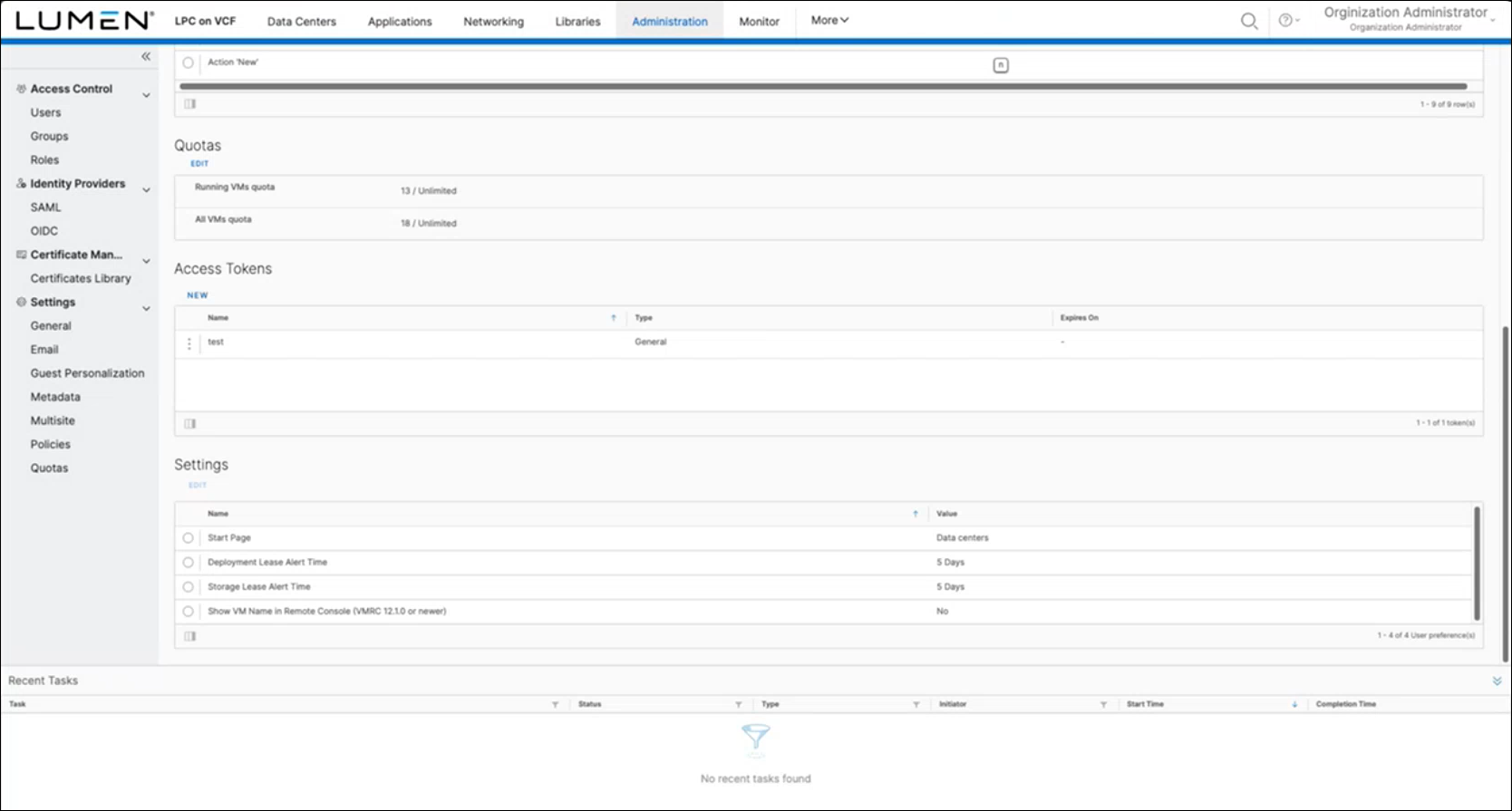 LPC on VCF Administration screen view