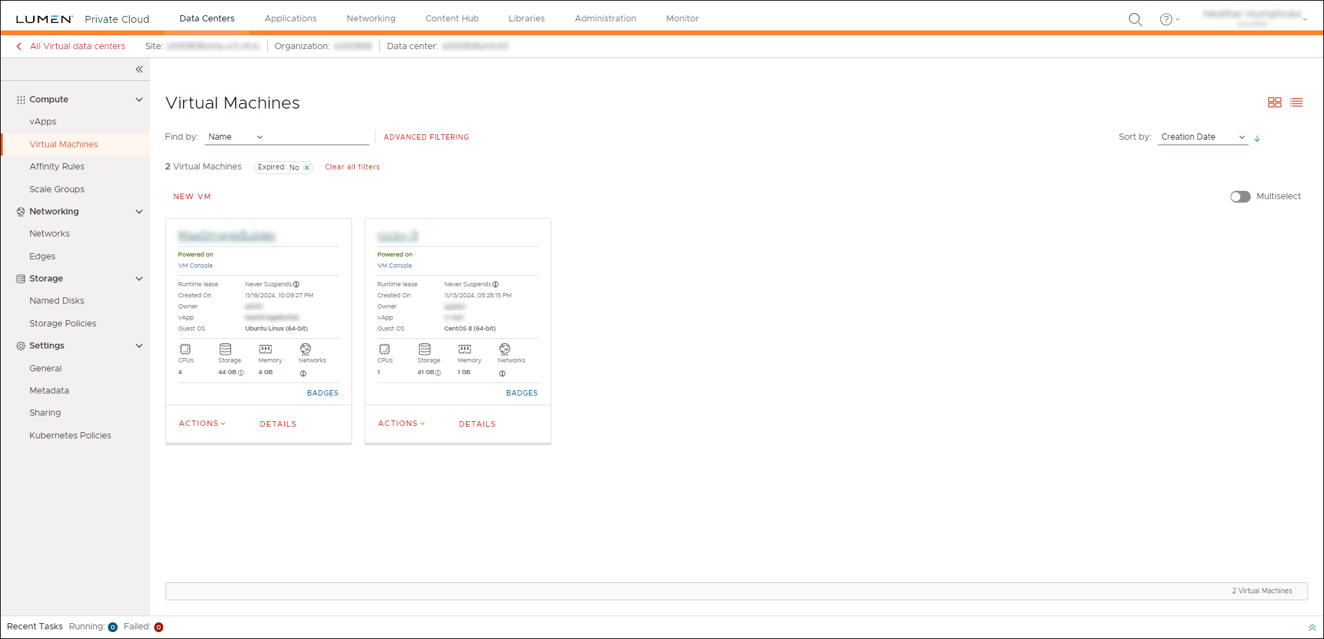 Window showing virtual machines