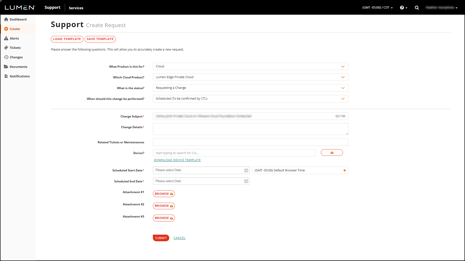 The Managed Support request screen