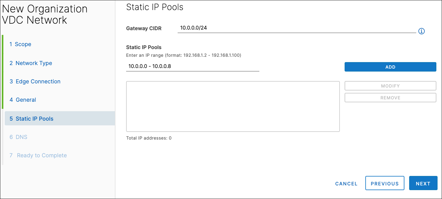 New Organization VDC Network, Static IP Pools section.