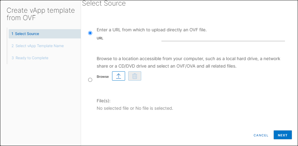 Create vApp template from OVF window, Select Source section