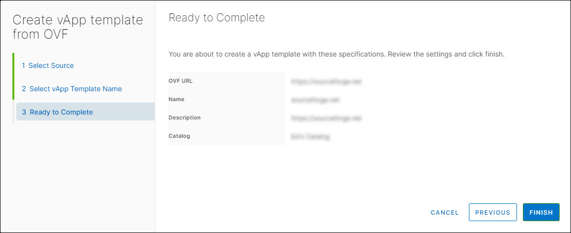 Create vApp template from OVF window, Ready to Complete section