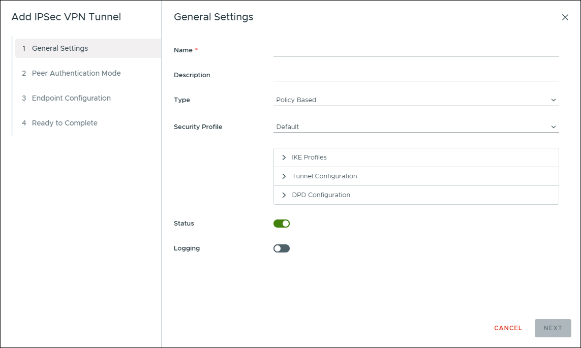 Add IPSec VPN Tunnel window showing General Settings