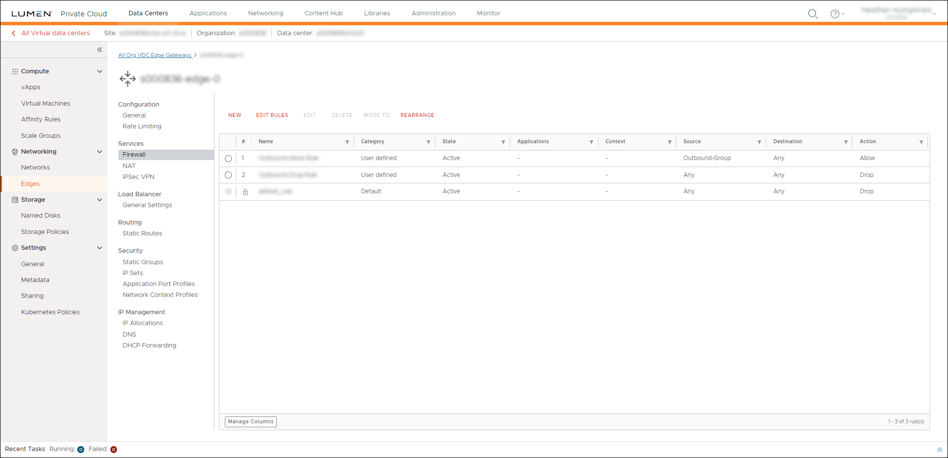 Edge Gateway window showing a list of firewall rules