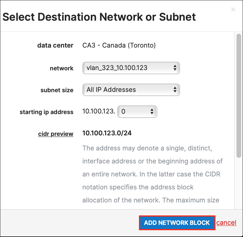 Select Destination Network or Subnet