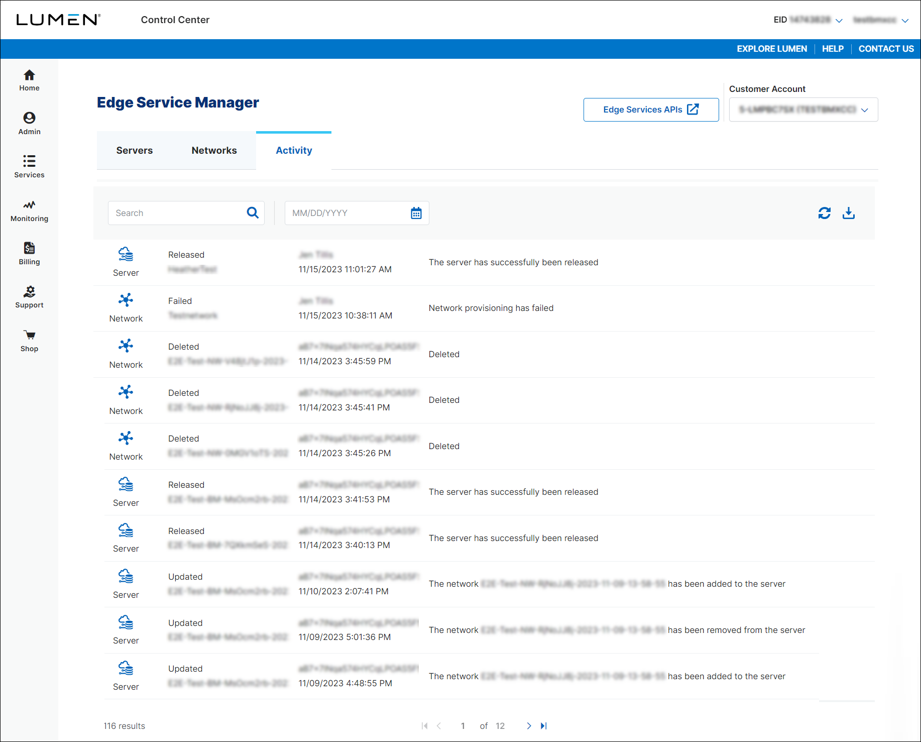 Edge Service Manager Activity tab