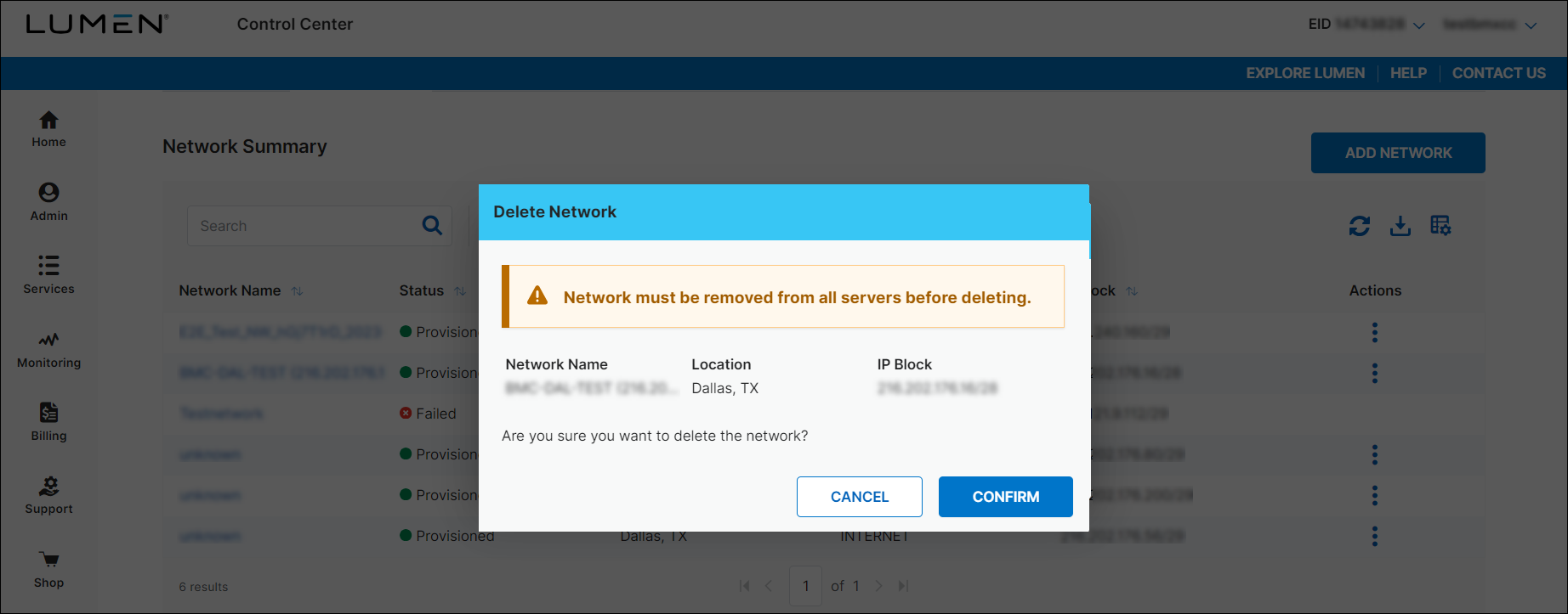 Edge Service Manager delete network view
