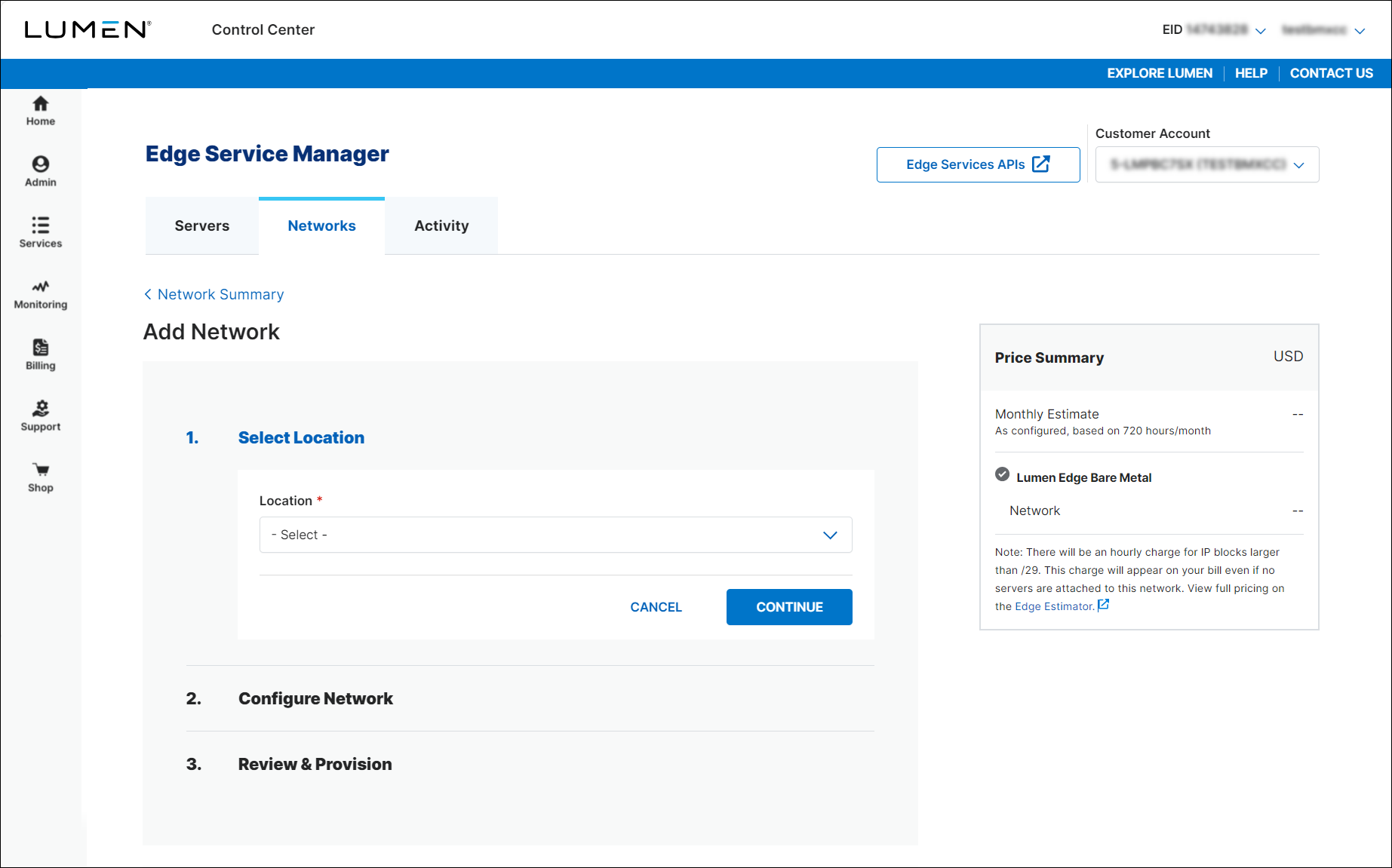Edge Service Manager add network select location view