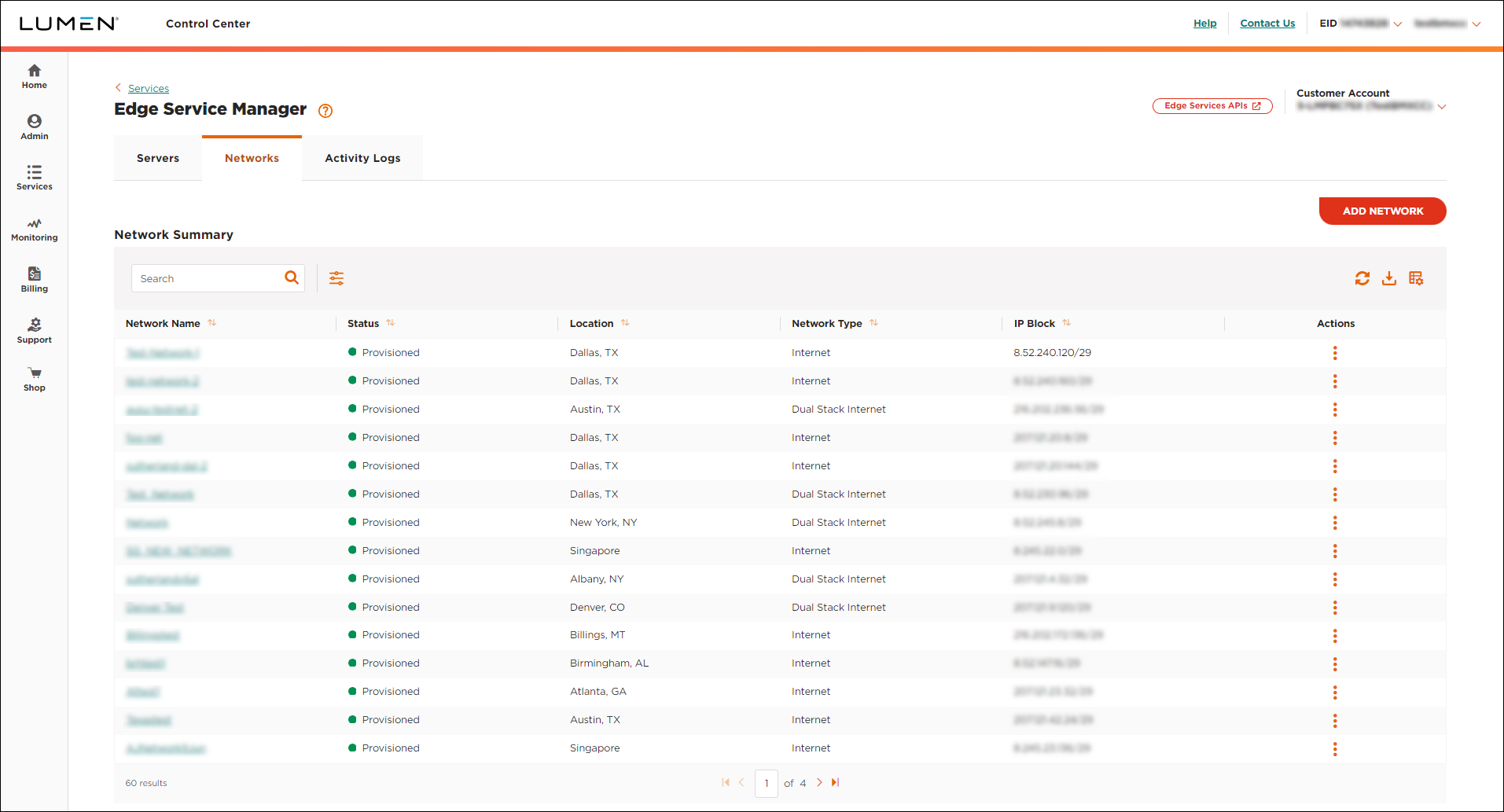 Edge Service Manager network summary view