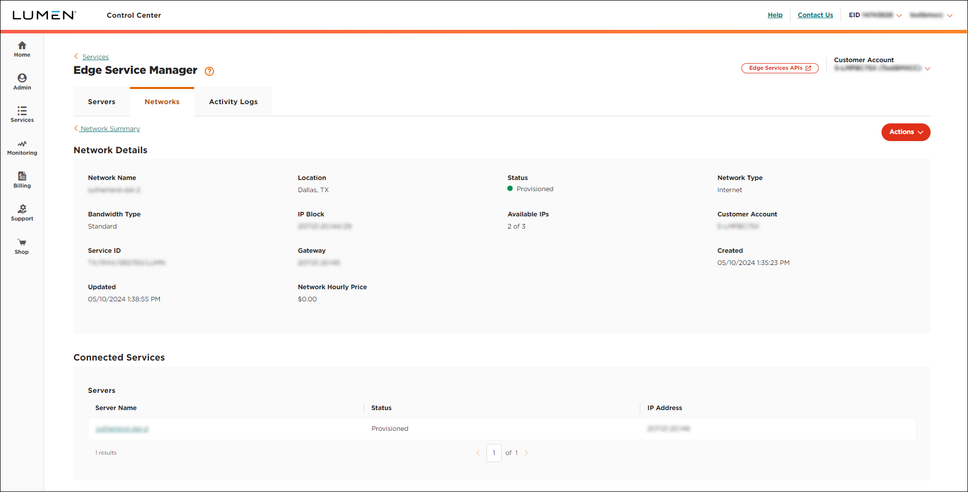Edge Service Manager (showing network details)