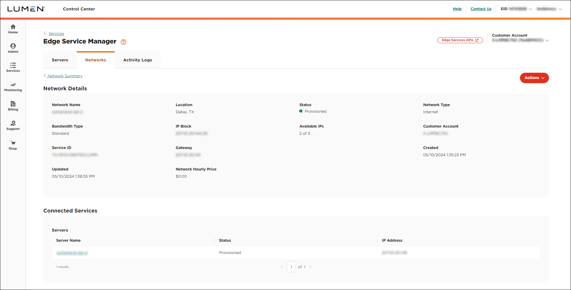 Edge Service Manager network detail view