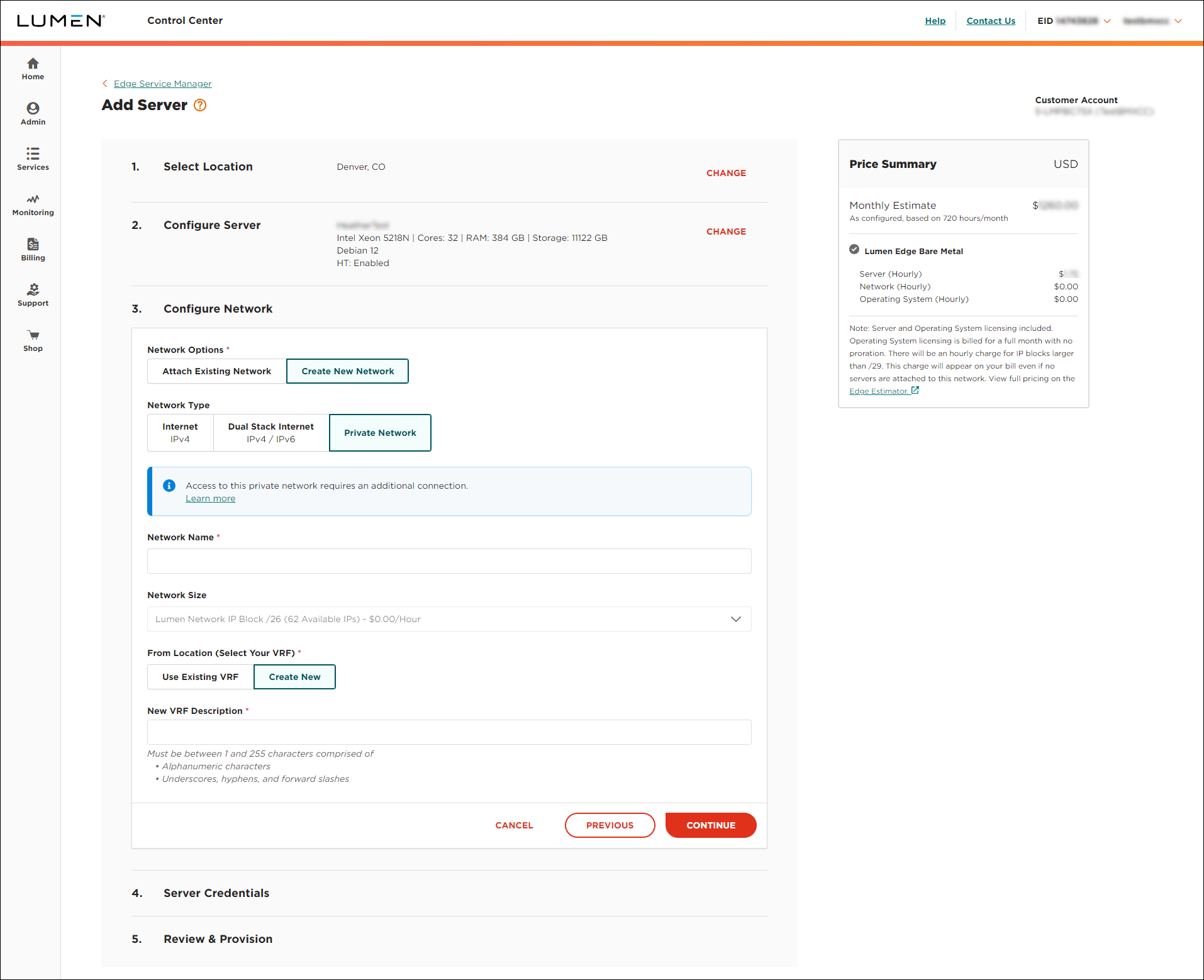 Edge Service Manager add server showing configure network view