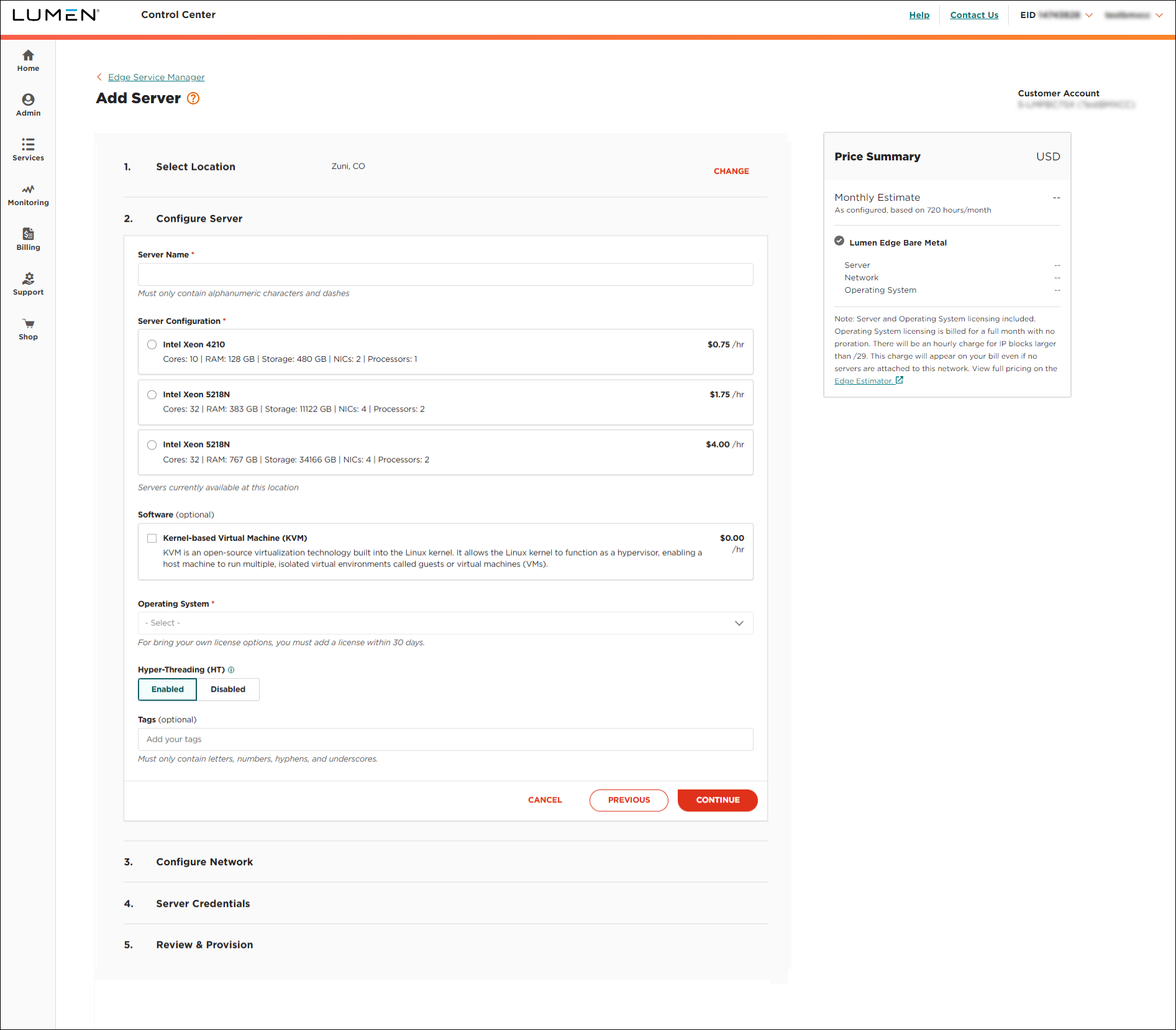 Edge Service Manager add server configure server view
