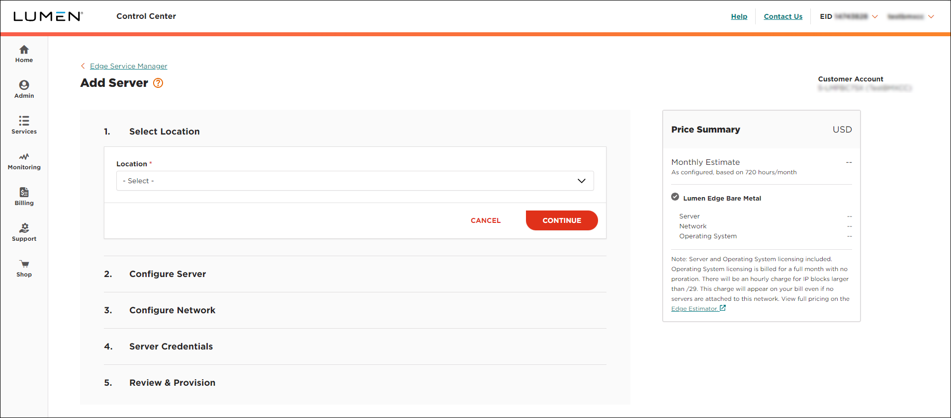 Edge Service Manager add server showing select location view