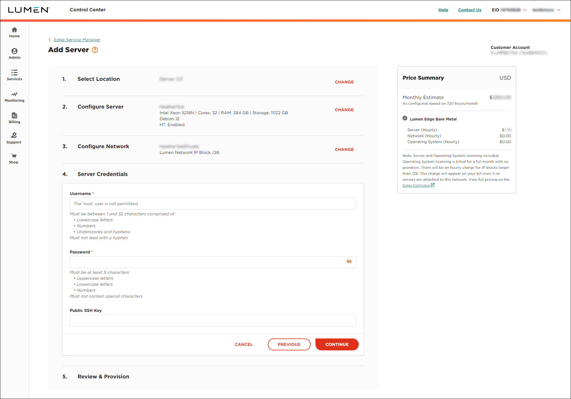 Edge Service Manager add server showing server credentials view 