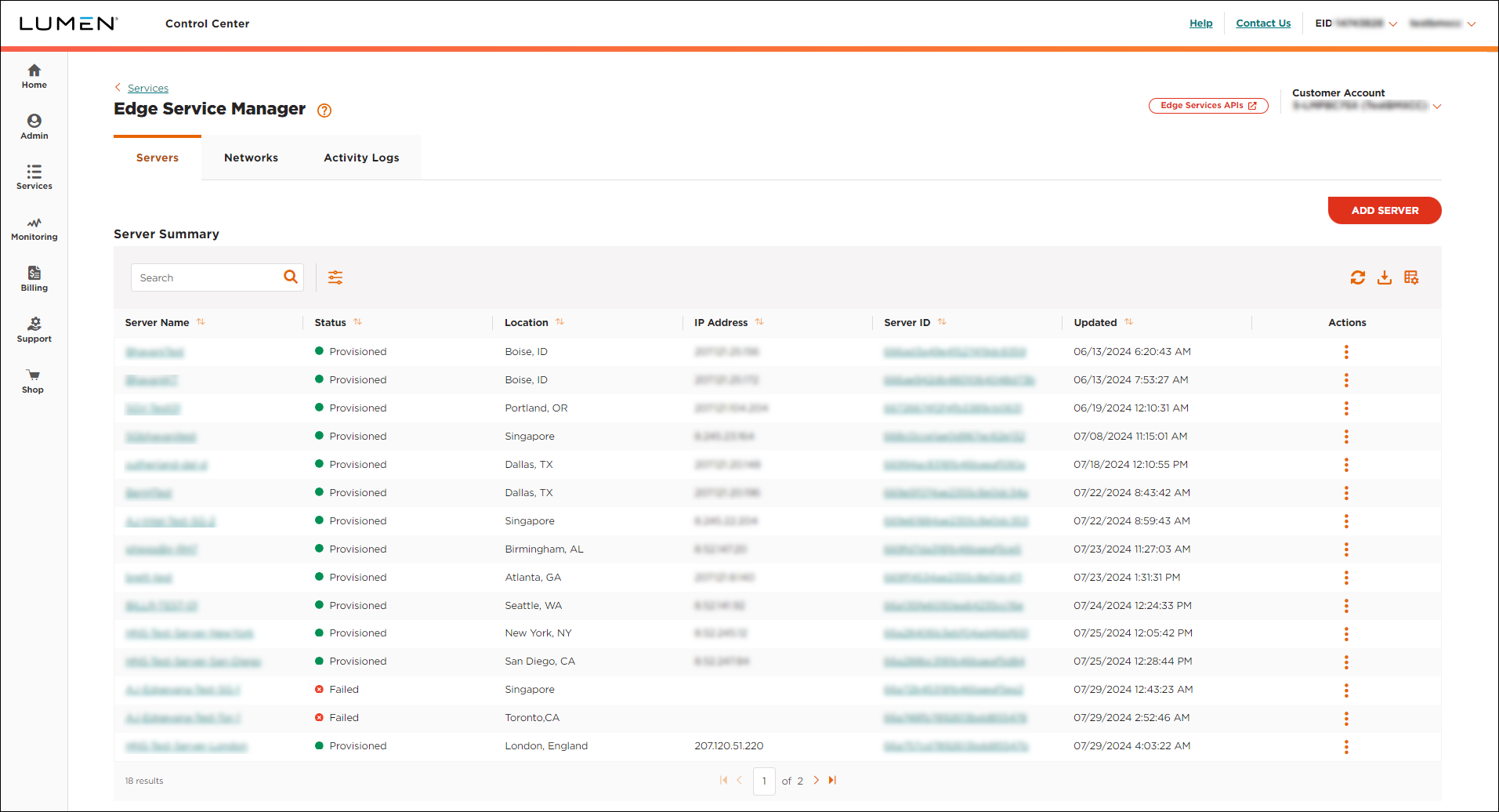 Edge Services Manager Servers view