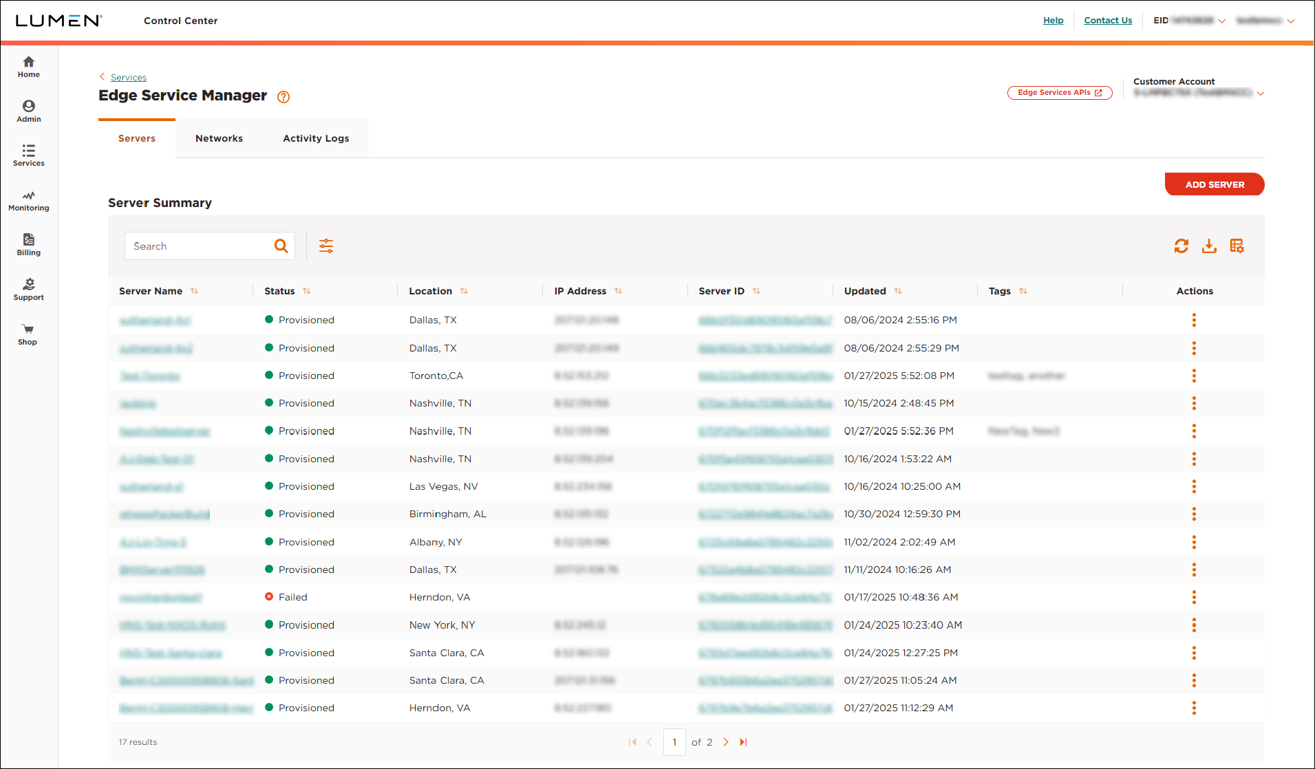 Edge Service Manager (showing Servers tab)