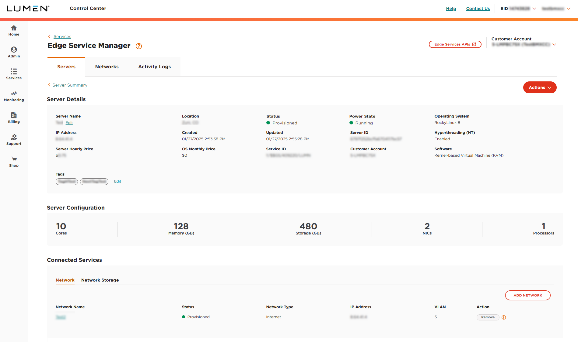 Edge Service Manager (showing server details)