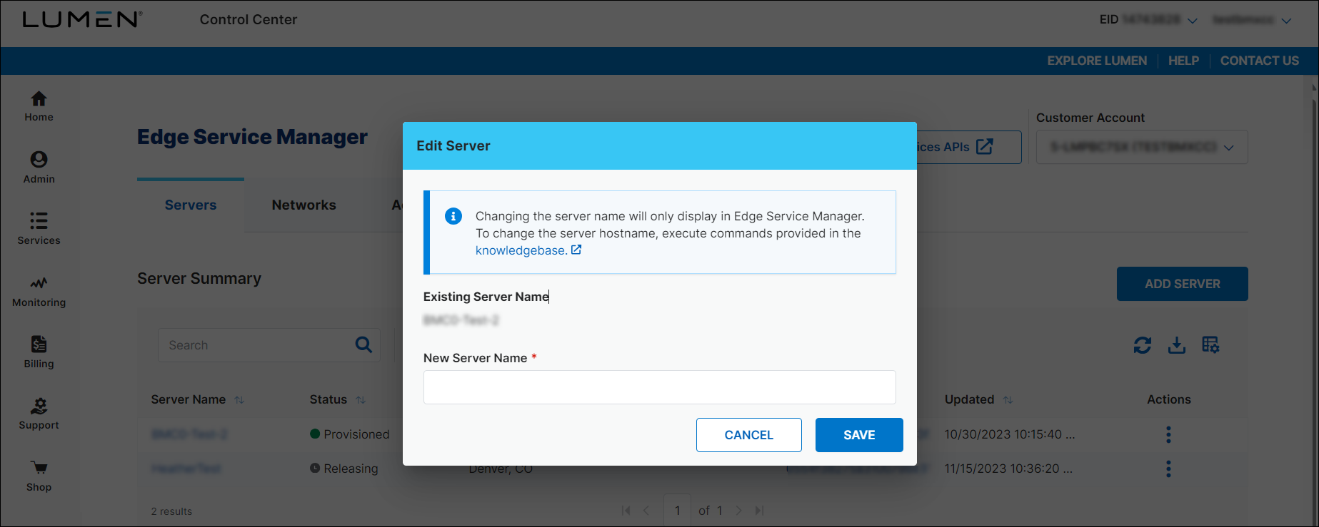 Edge Service Manager add server edit server view
