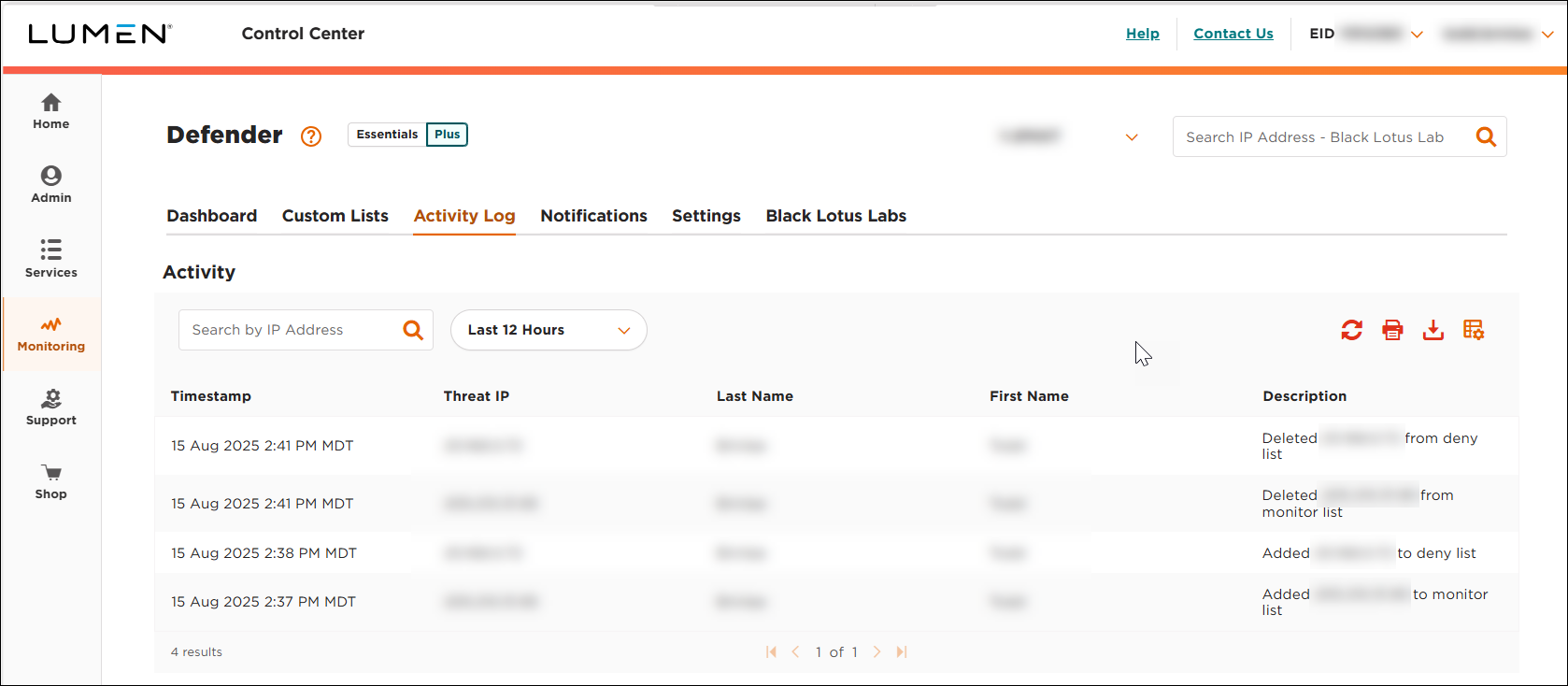 Lumen Defender (showing Activity Log tab)