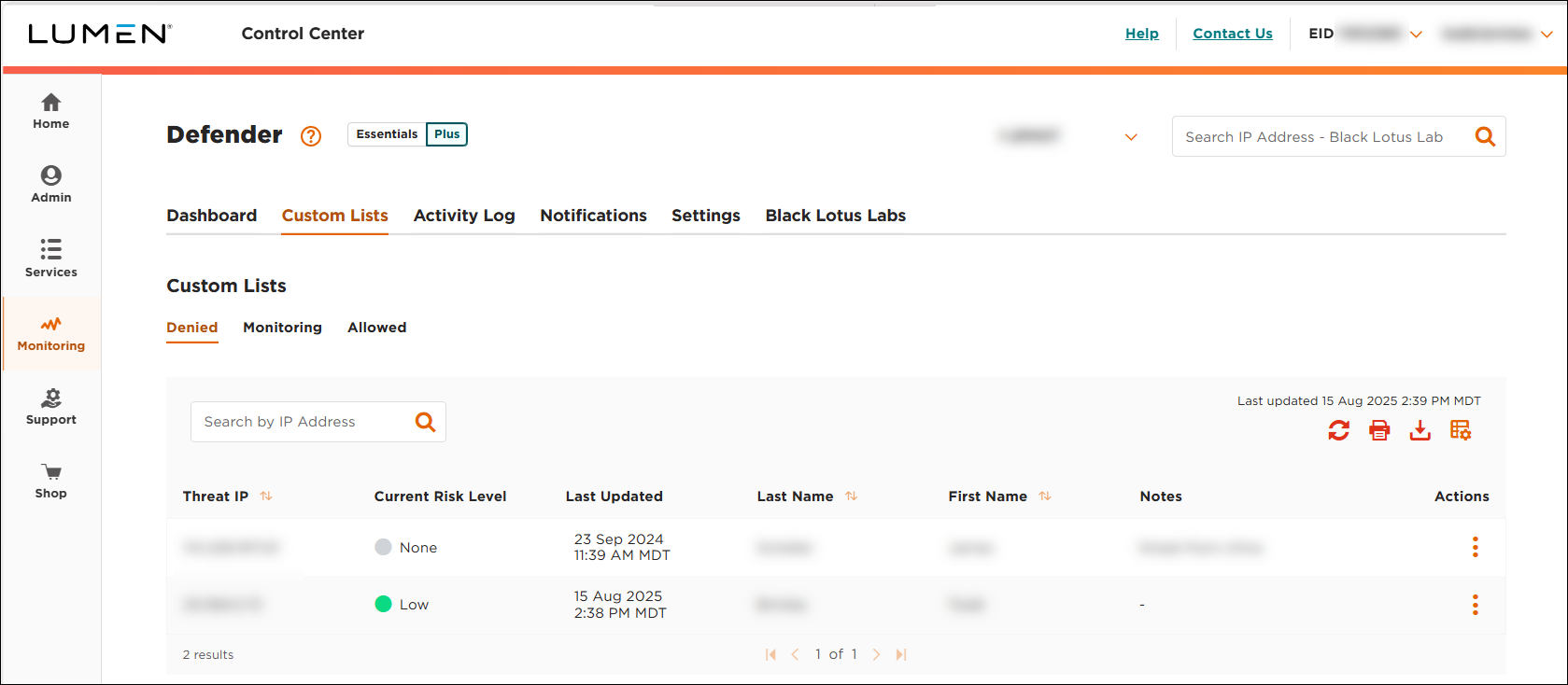 Lumen Defender (showing Custom Lists tab)