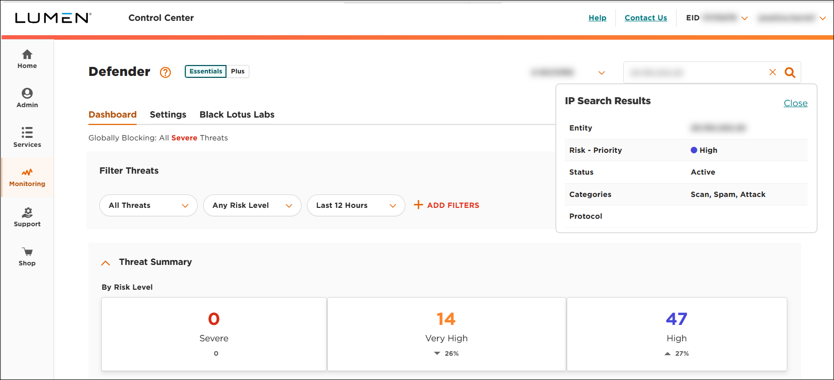 Lumen Defender (showing Active Threats tab and IP Address Lookup box with results)