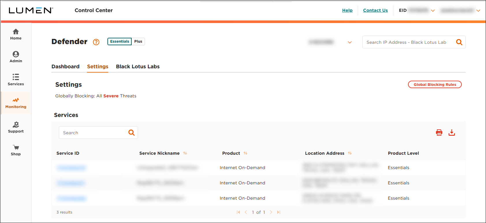 Lumen Defender (showing Settings tab)