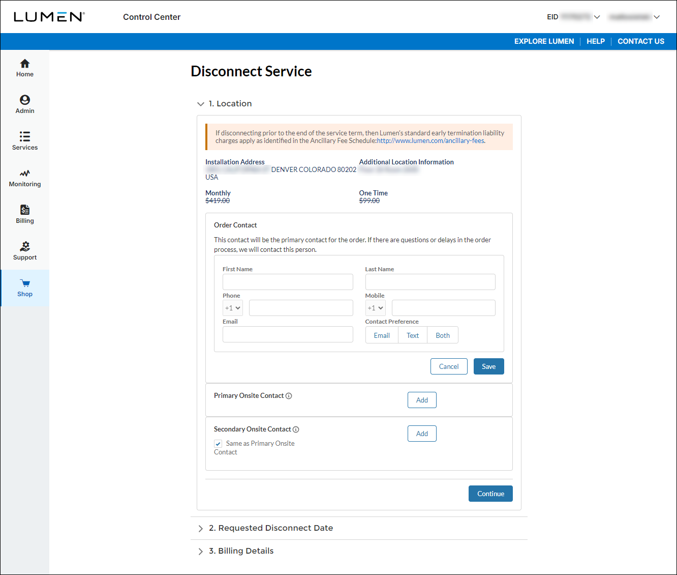 Disconnect Service (showing Fiber+ Internet)