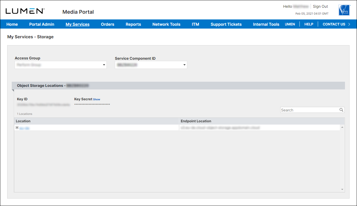 My Services - Storage (showing Object Storage Locations)