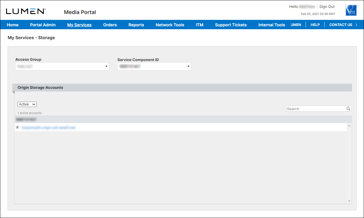 My Service - Storage (with SCID selected)