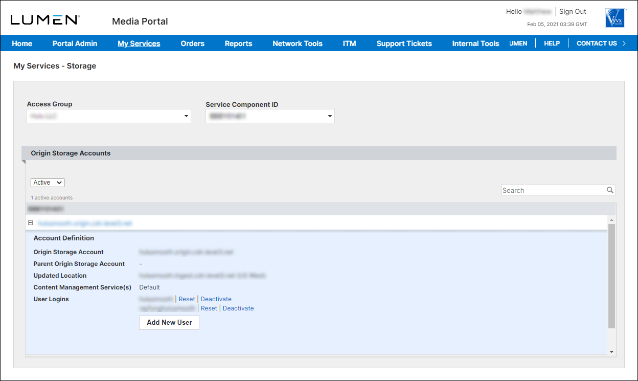 My Service - Storage (showing Origin Storage Account details)