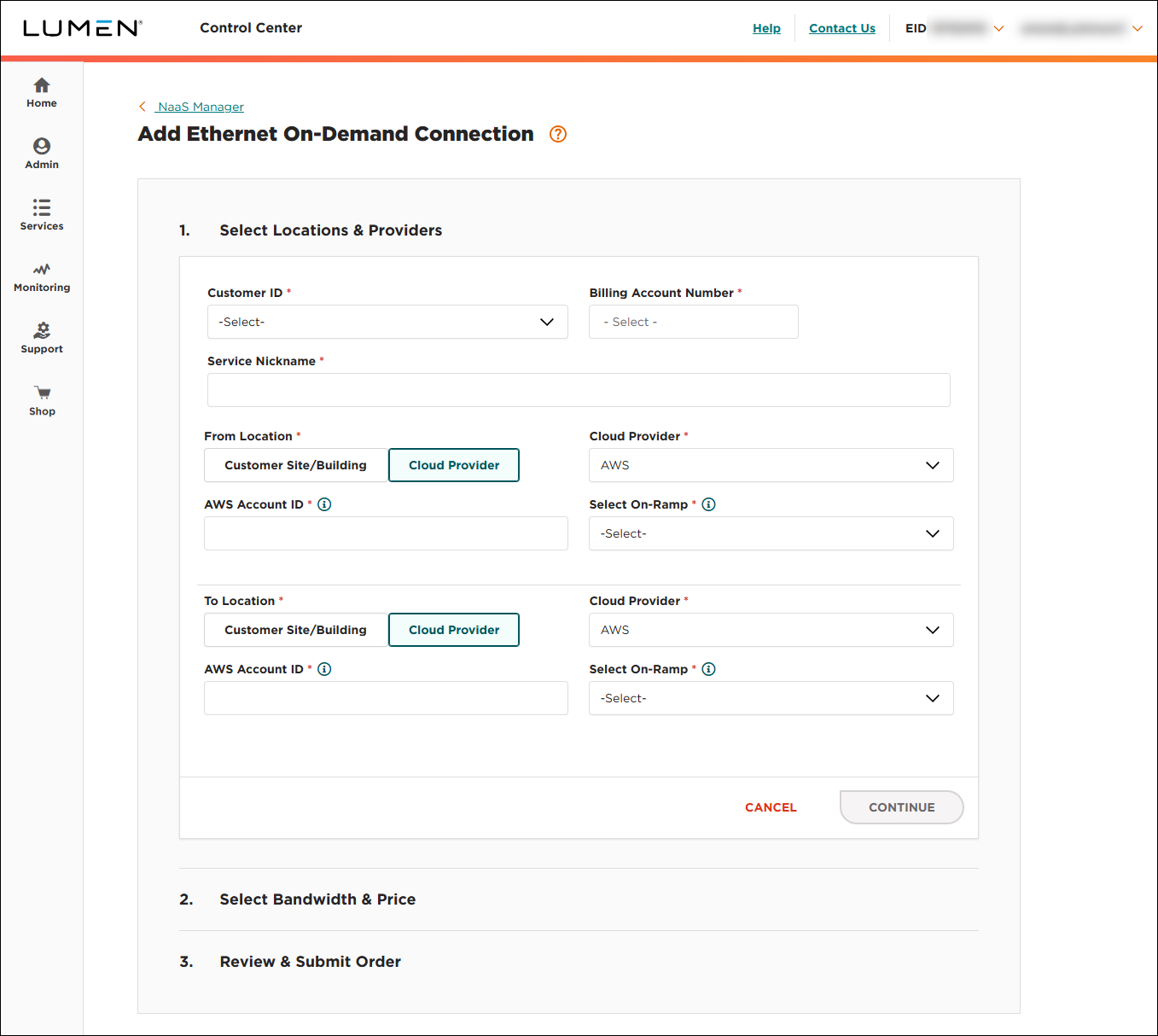 NaaS Ethernet On-Demand connection between two AWS locations