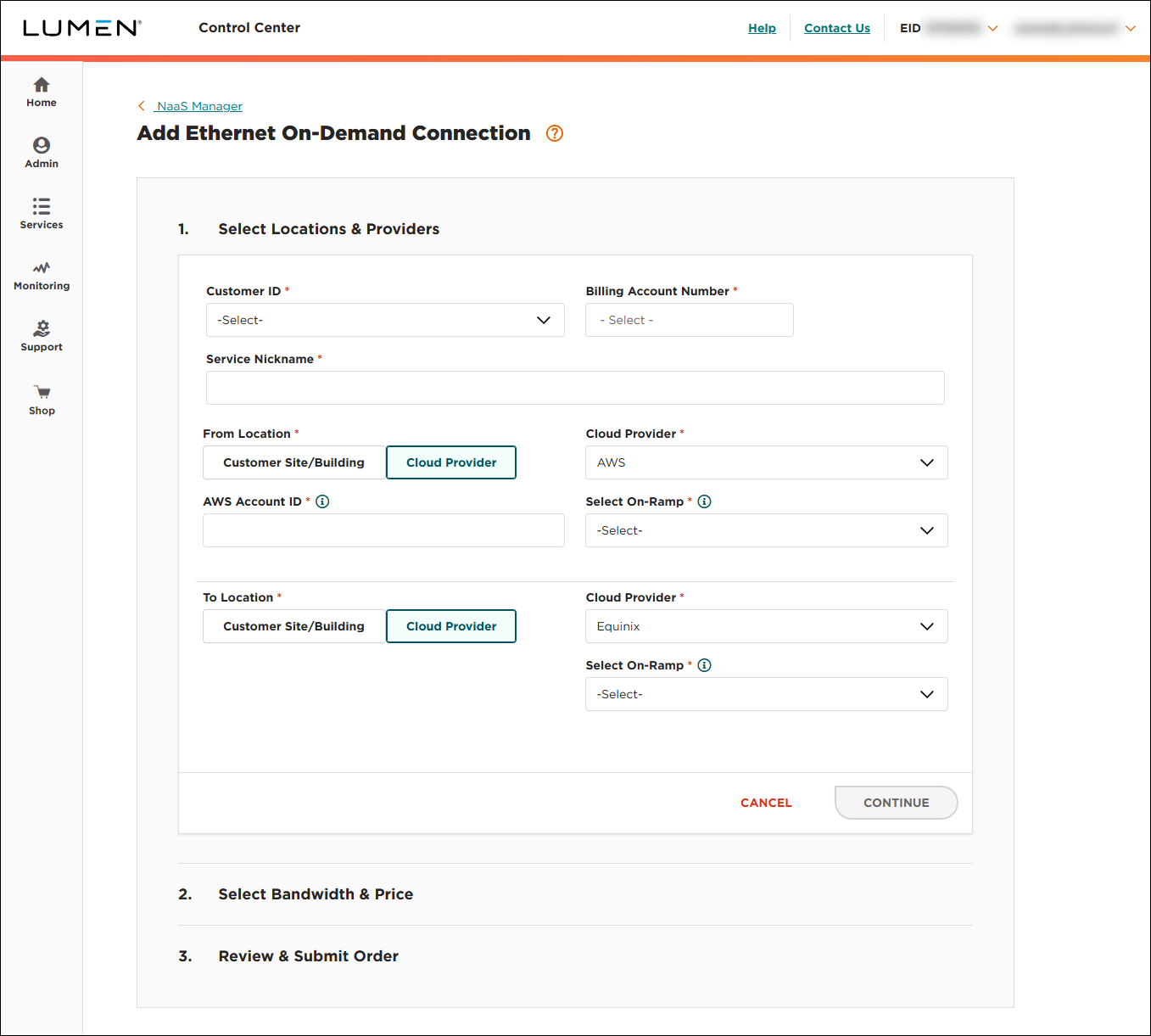 NaaS Ethernet On-Demand connection between AWS and Equinix