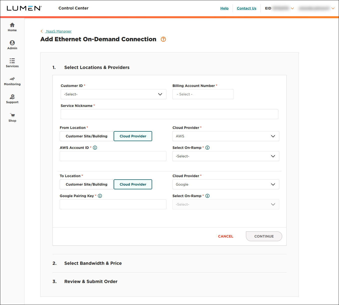 NaaS Ethernet On-Demand connection between AWS and Google