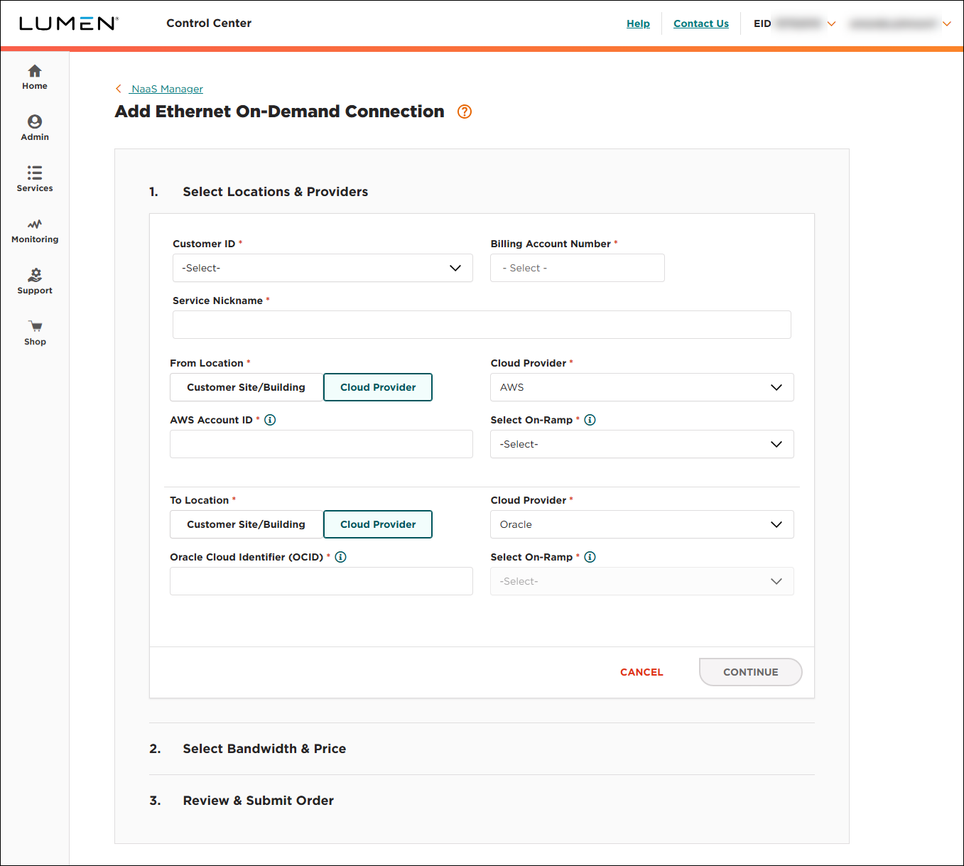 NaaS Ethernet On-Demand connection between AWS and Oracle