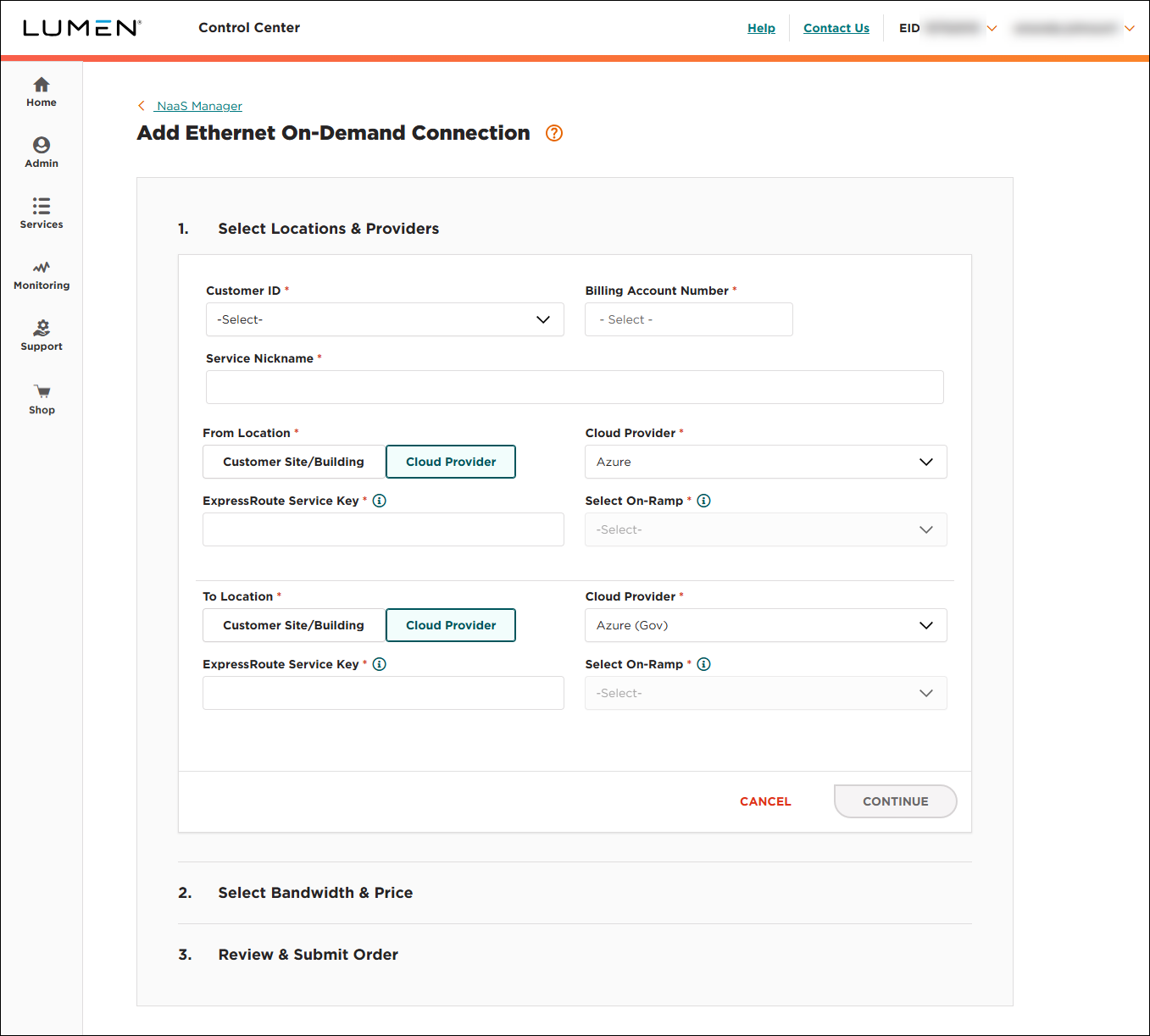 NaaS Ethernet On-Demand connection between Azure and Azure Gov