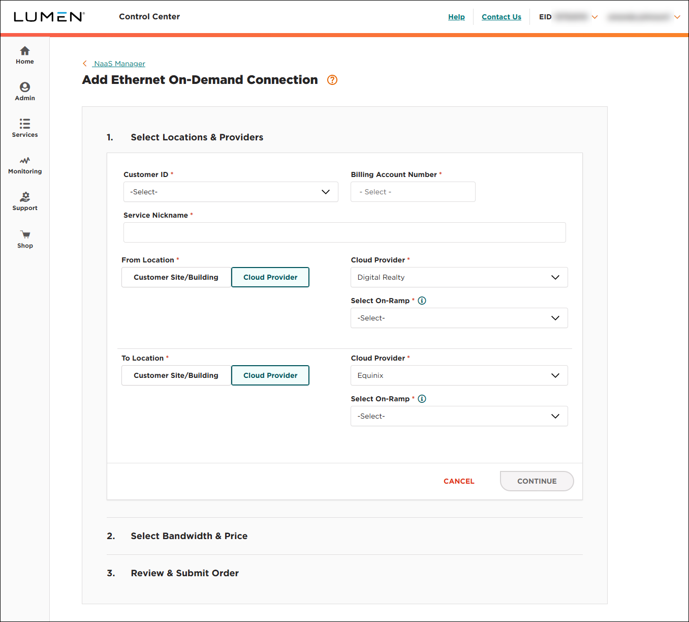 NaaS Ethernet On-Demand connection from Digital Realty to Equinix