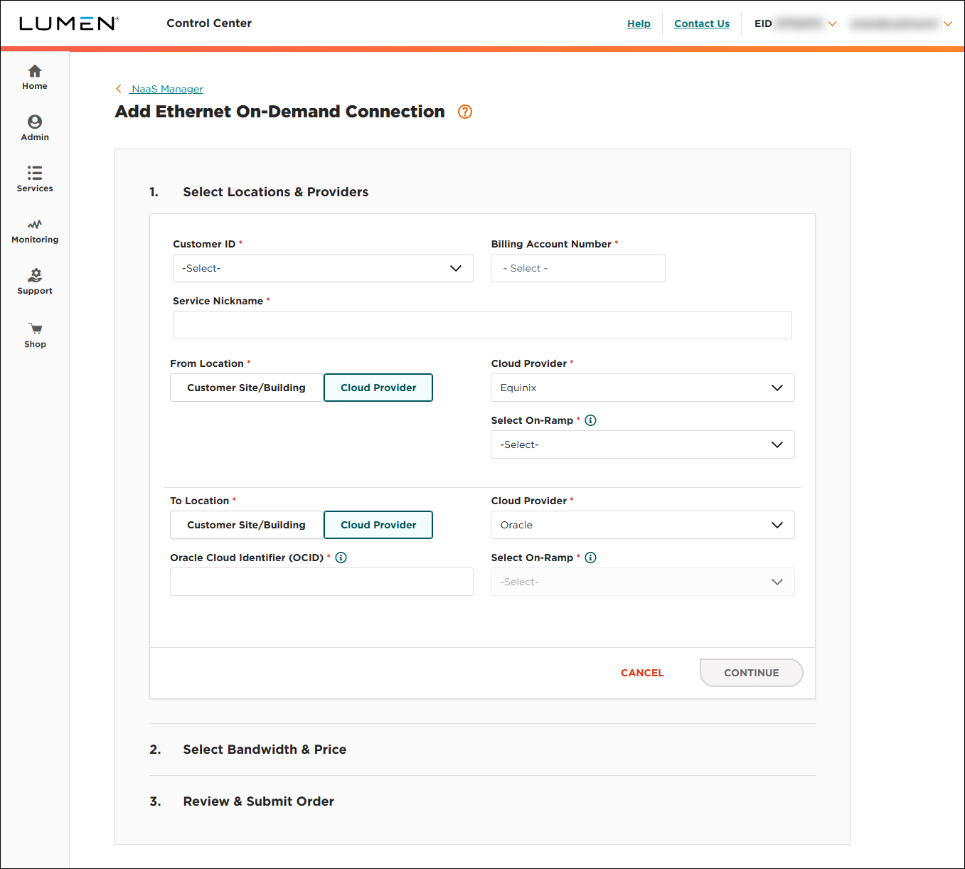 NaaS Ethernet On-Demand connection between Equinix and Oracle