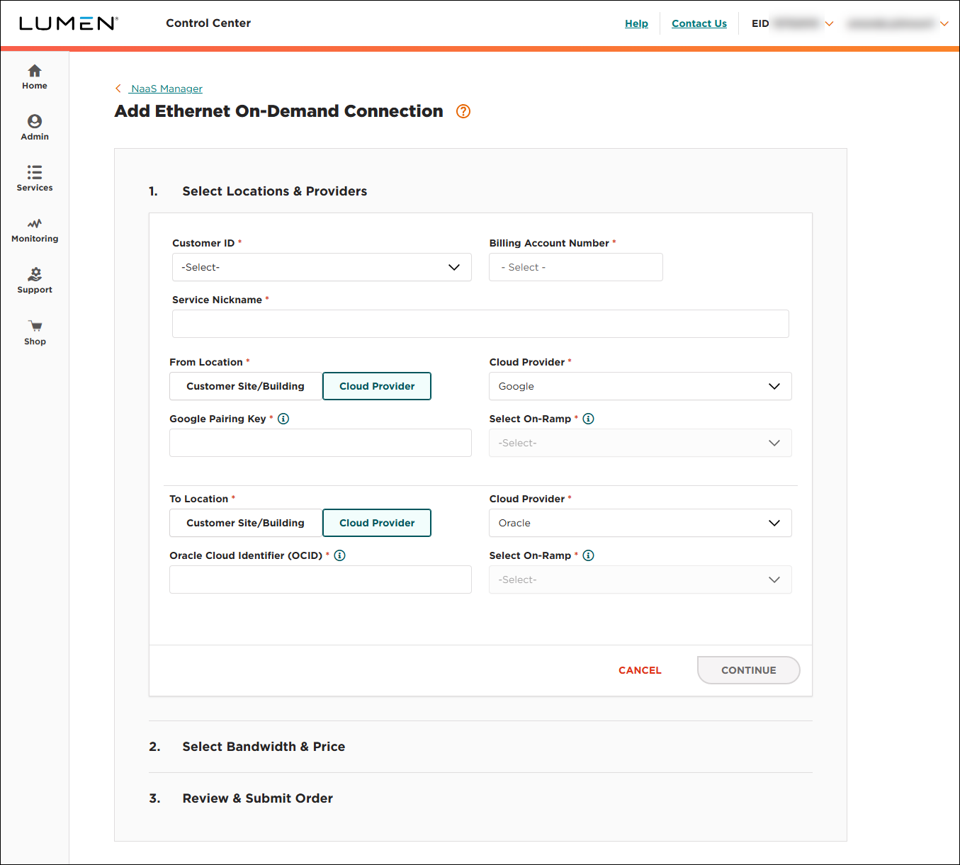 NaaS Ethernet On-Demand connection between Google and Oracle