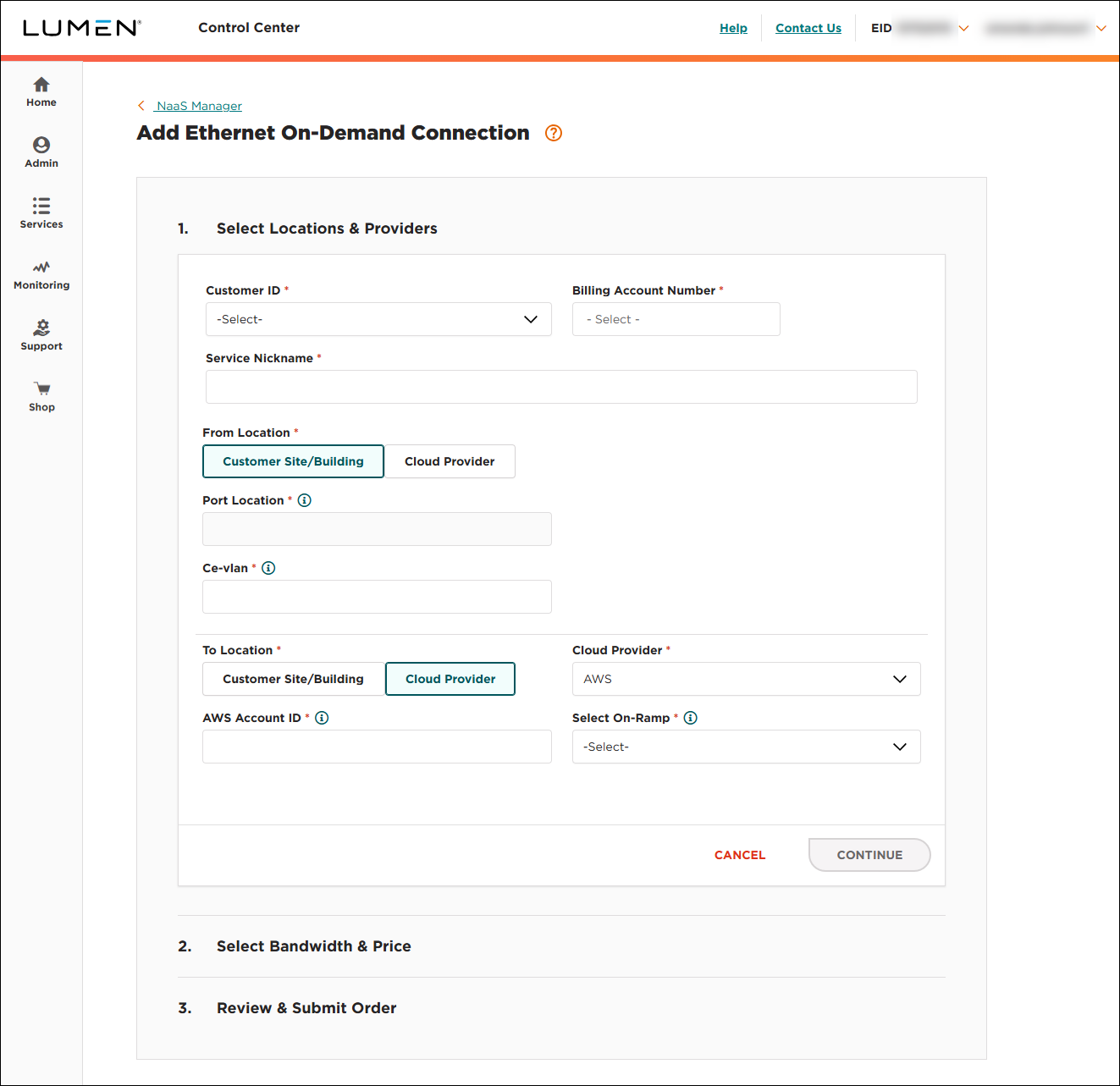 NaaS Ethernet On-Demand connection from your location to AWS