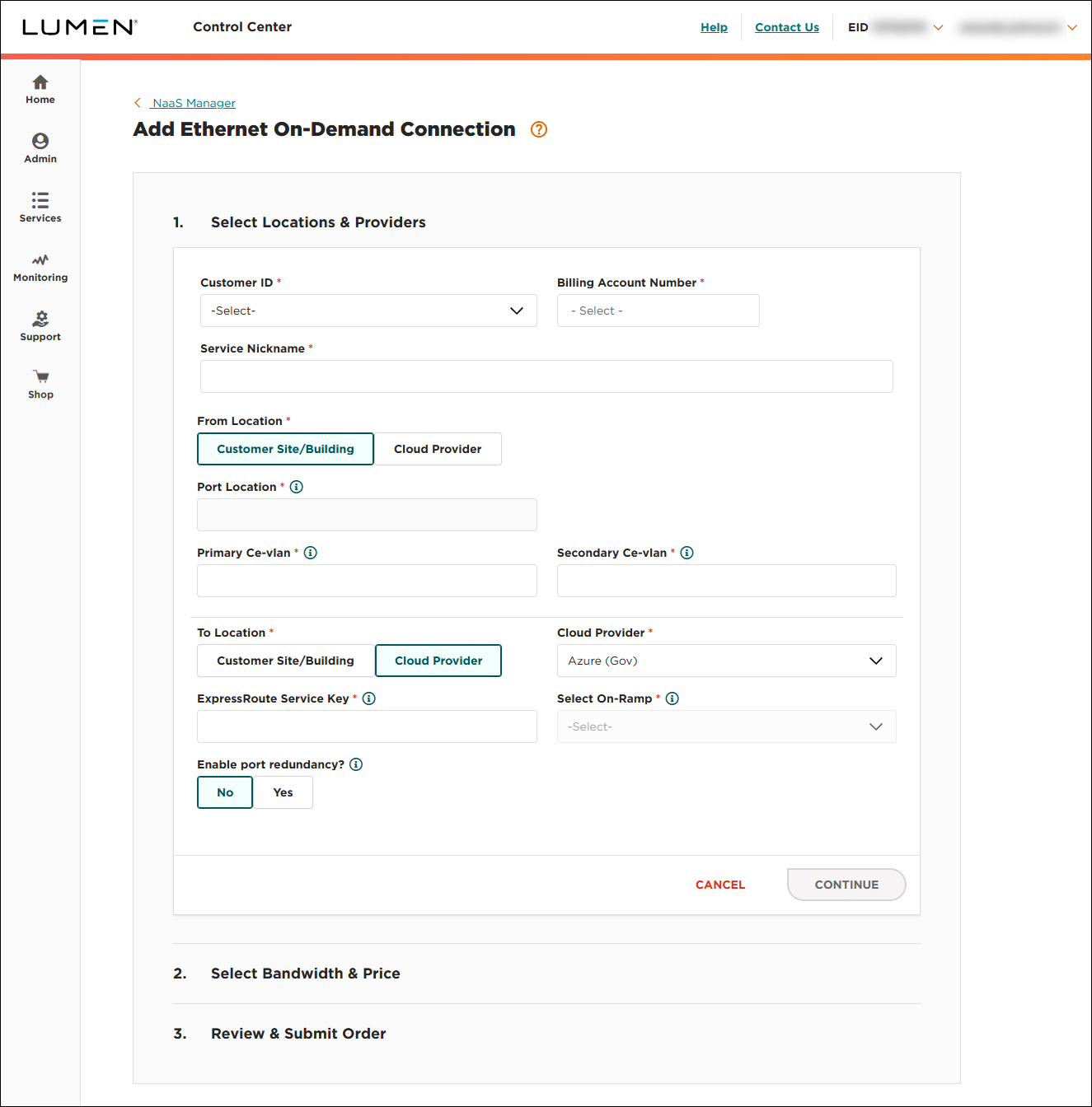 NaaS Ethernet On-Demand connection from your location to Azure Gov