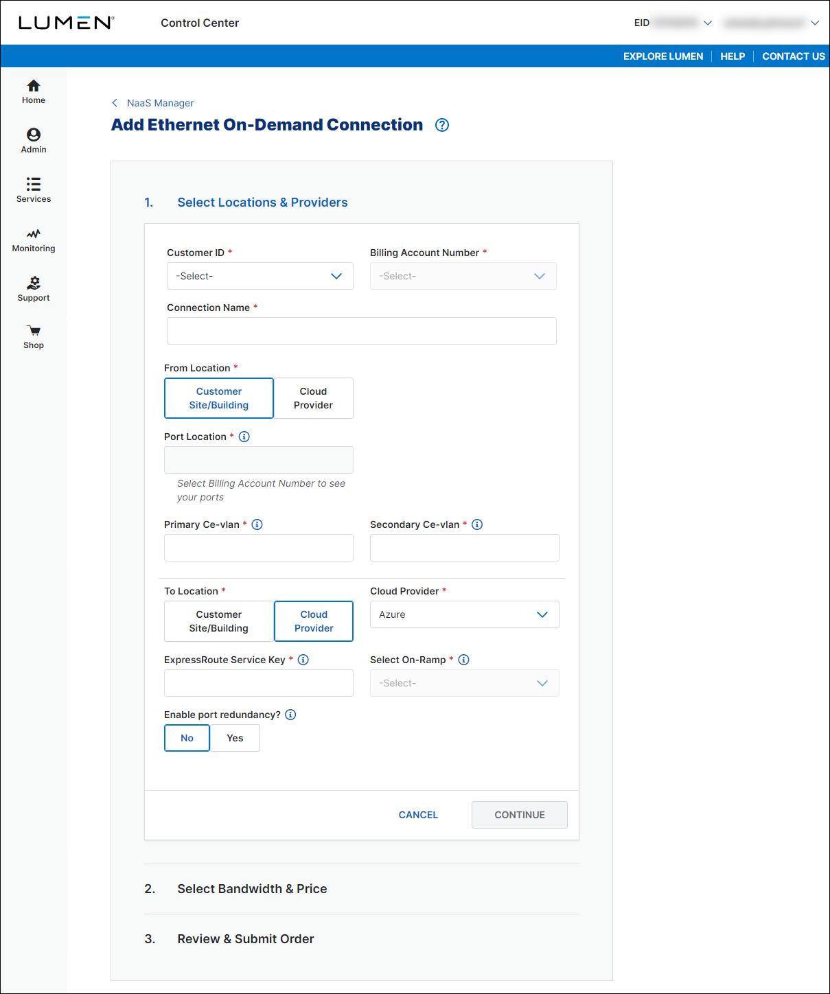 NaaS Ethernet On-Demand connection from your location to Azure